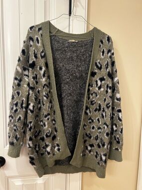 Olive Green Leopard-Print Open Front Sweater Cardigan